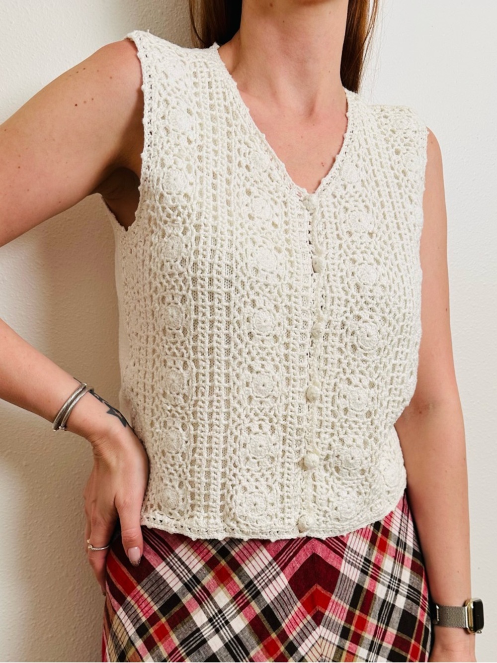 Vintage Knitted by Hand Shenanigans Crochet Vest Off-White Cotton Boho Cottage